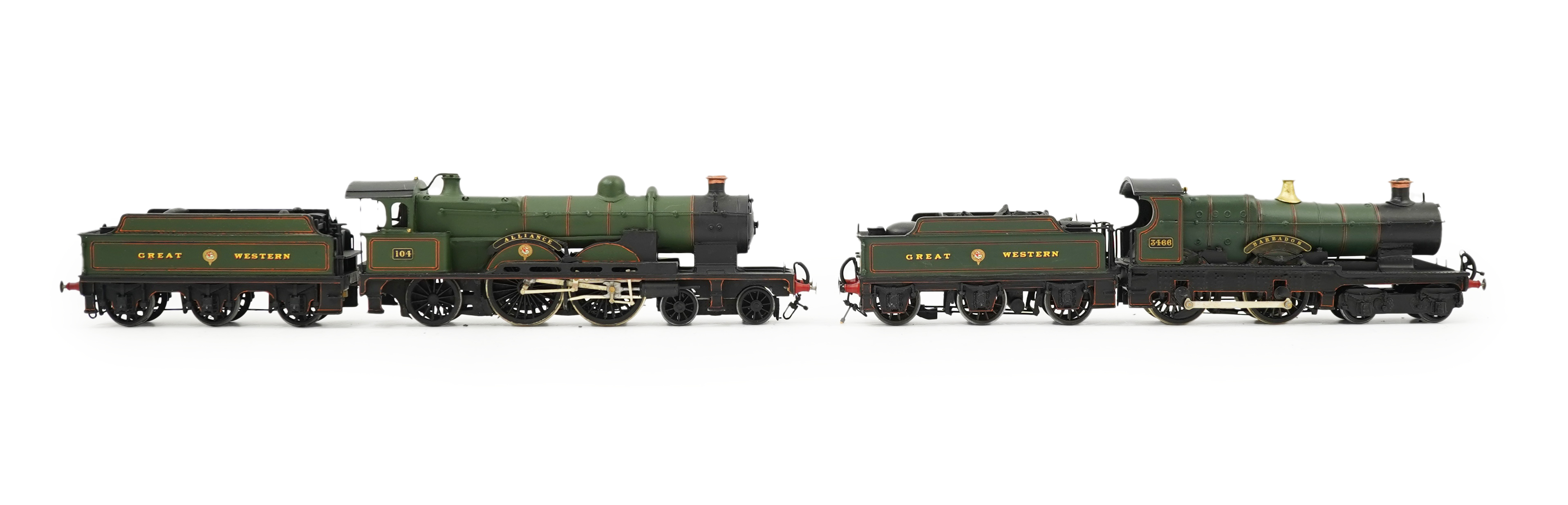 Two 00 gauge brass and white metal kit built GWR tender locomotives; a 4-4-2, Alliance 104, together with a Bulldog class 4-4-0, Barbados 3466, constructed, painted and lined to a high standard, both motored for two rail